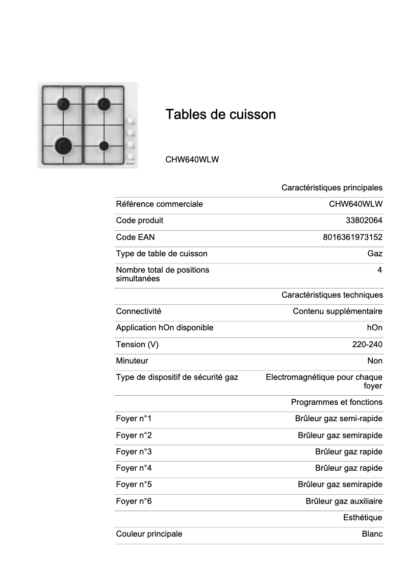 Page 1 de la notice Fiche technique Candy CHW640WLW