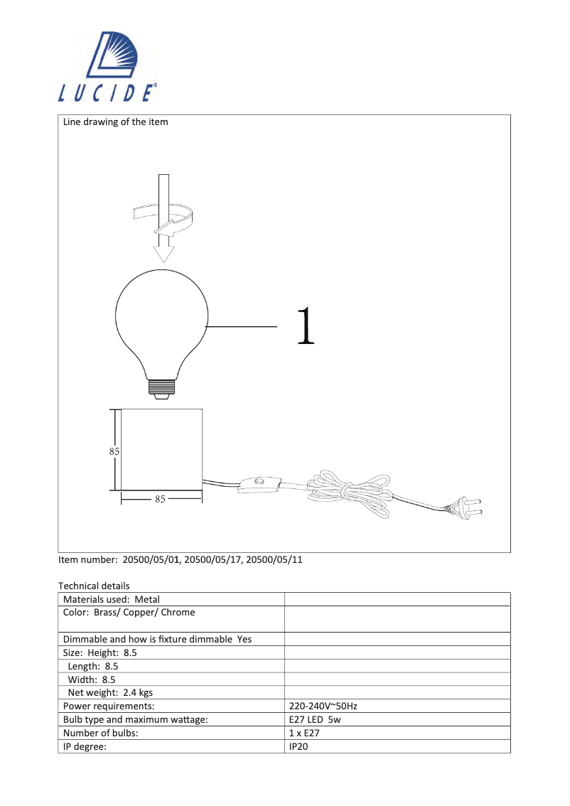 Page 1 de la notice Manuel utilisateur Lucide Cubico 20500/05/01