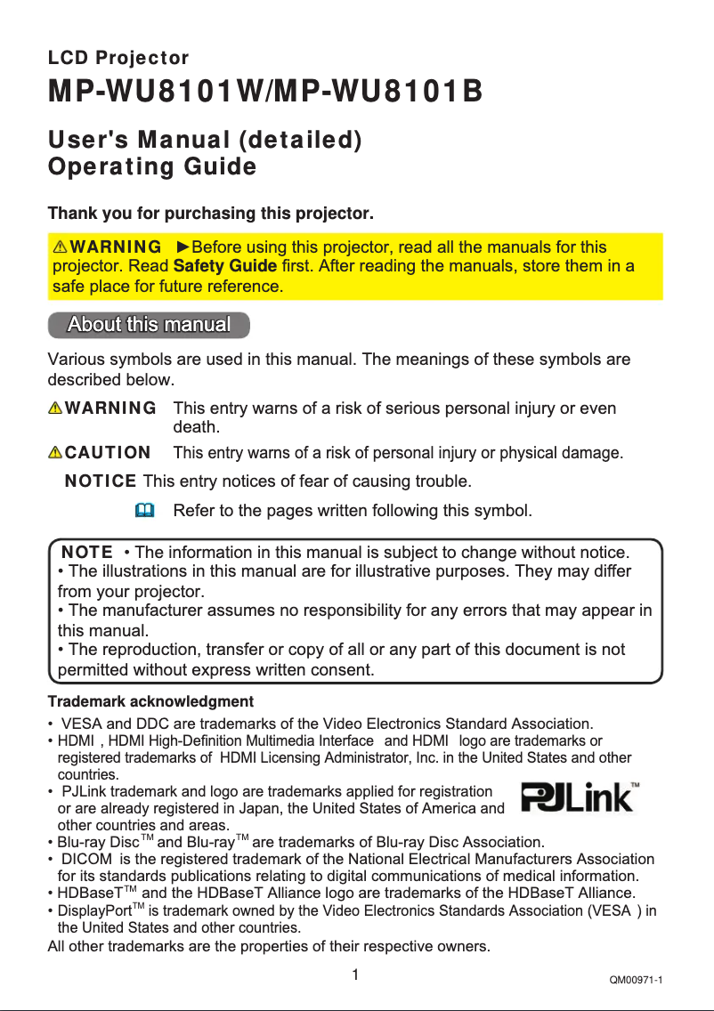 Página 1 del manual Manual de usuario Hitachi MP-WU8101W