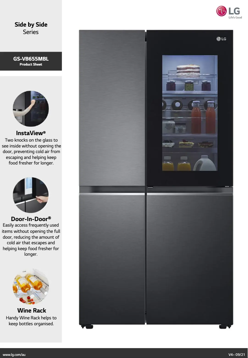 Page 1 de la notice Fiche technique LG GS-VB655MBL