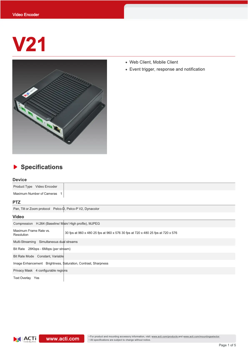 Page n°1 - Fiche technique ACTi V21