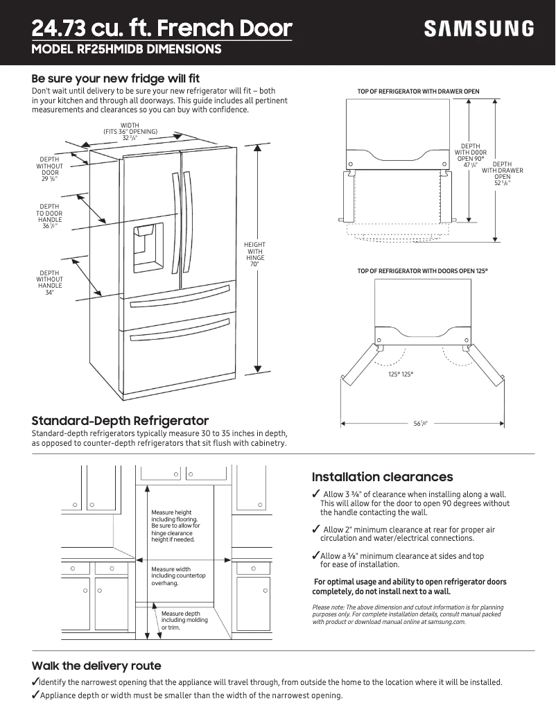 Page 1 de la notice Guide de mesure Samsung RF25HMIDBSR