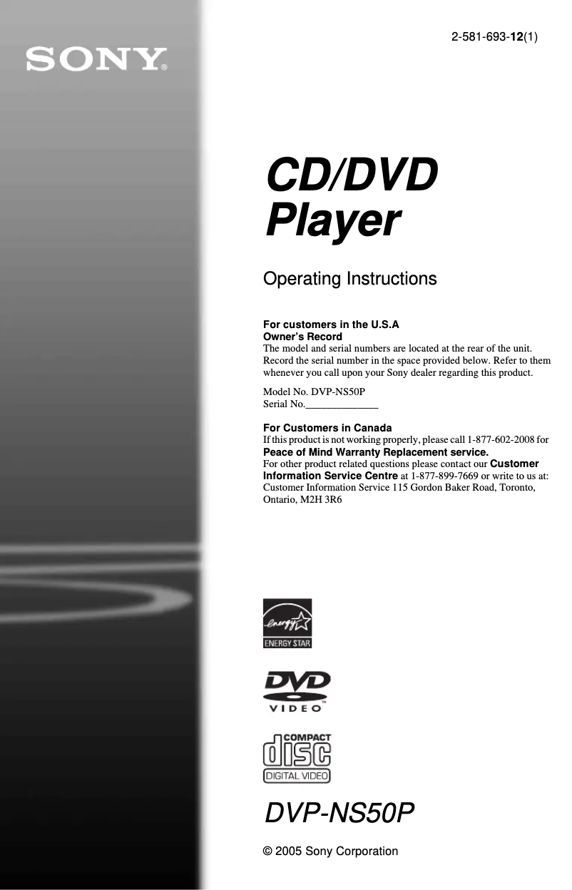 Page 1 de la notice Manuel utilisateur Sony DVP-NS50P