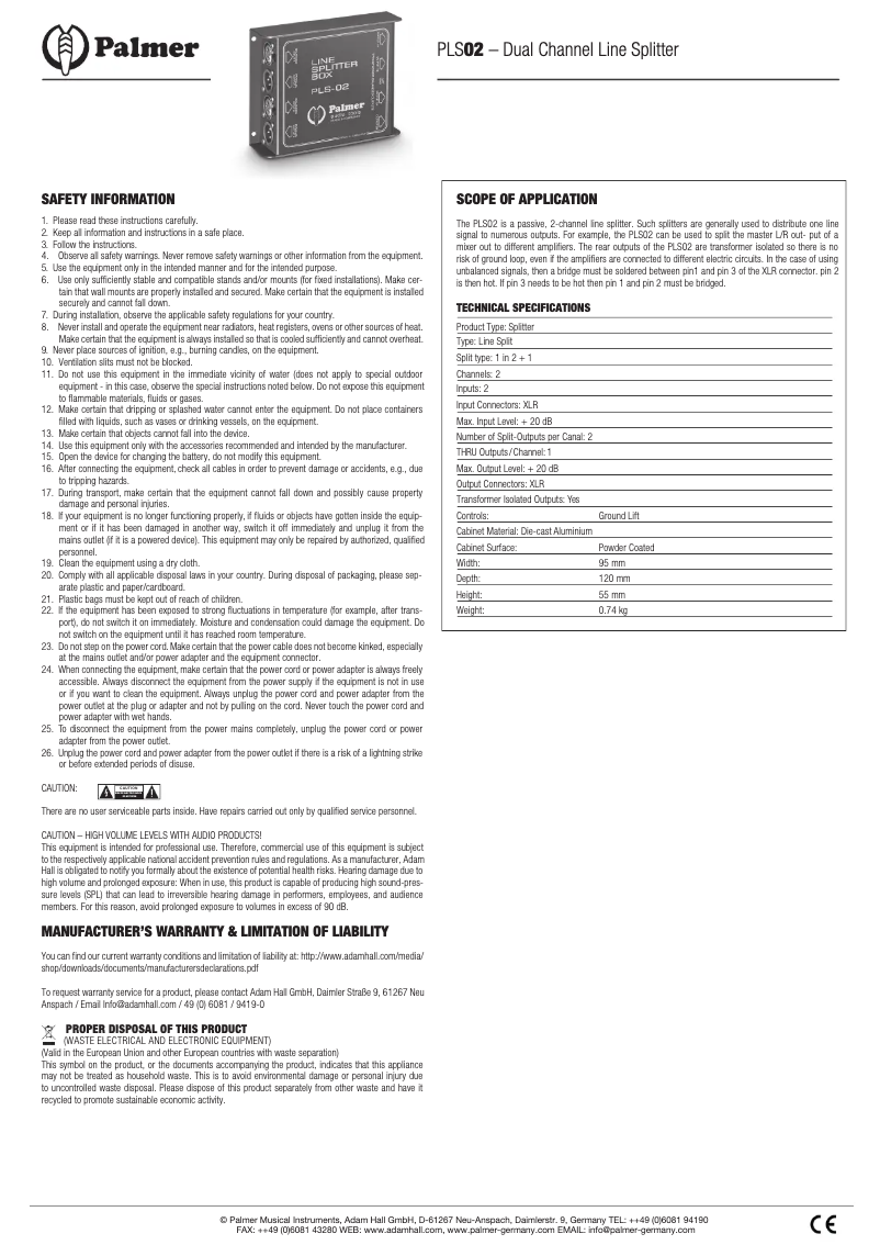 Page 1 de la notice Manuel utilisateur Palmer PLS-02