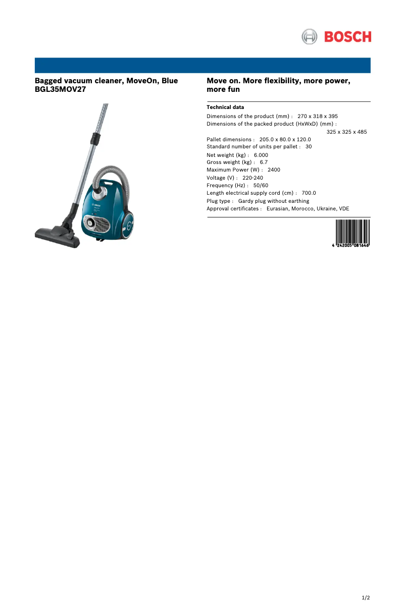 Page 1 de la notice Fiche technique Bosch BGL35MOV27