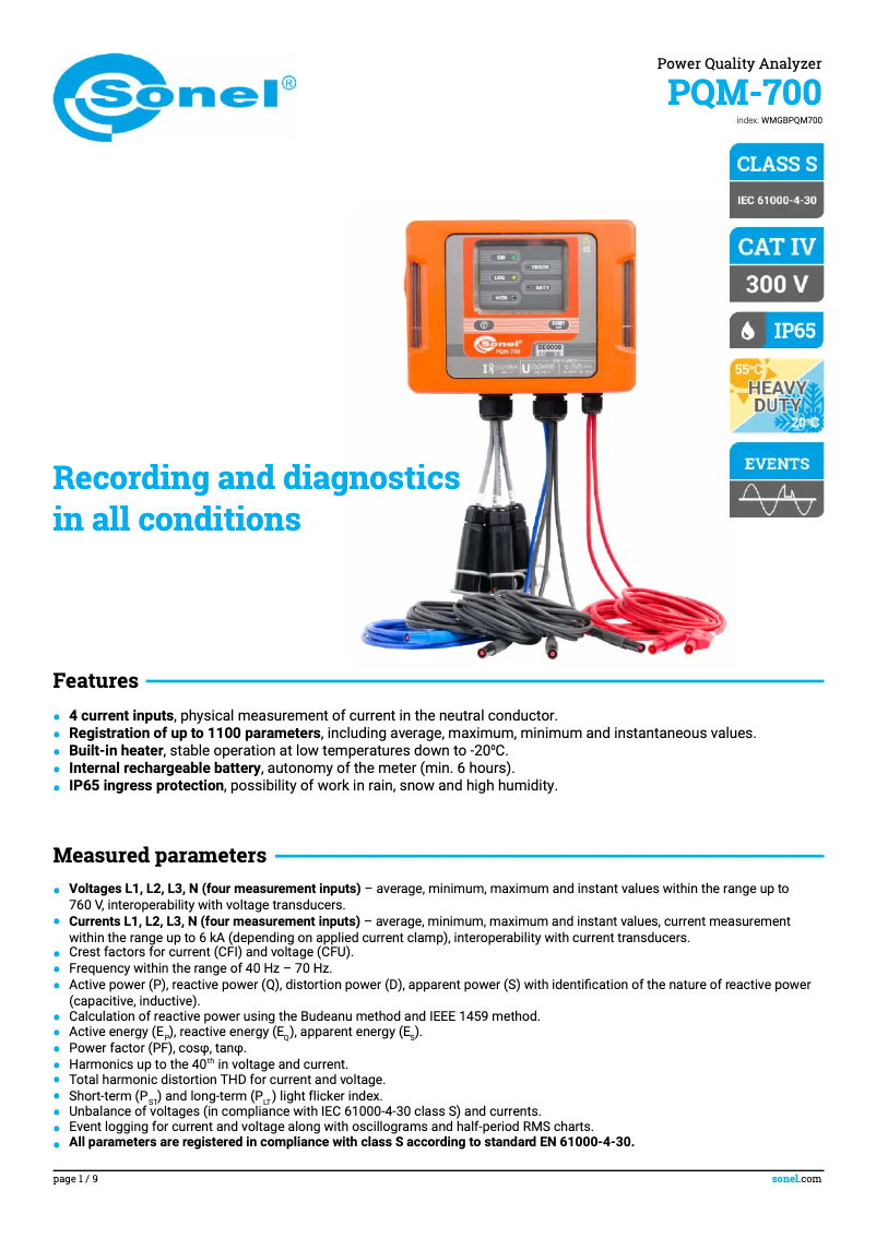 Page 1 de la notice Fiche technique Sonel PQM-700