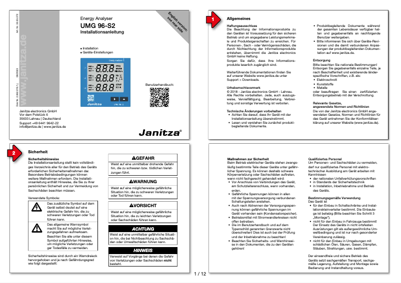 Page 1 de la notice Manuel utilisateur Janitza UMG 96-S2