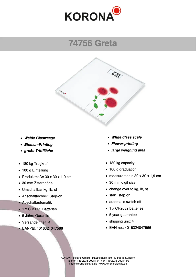 Page n°1 - Fiche technique Korona Greta 74756