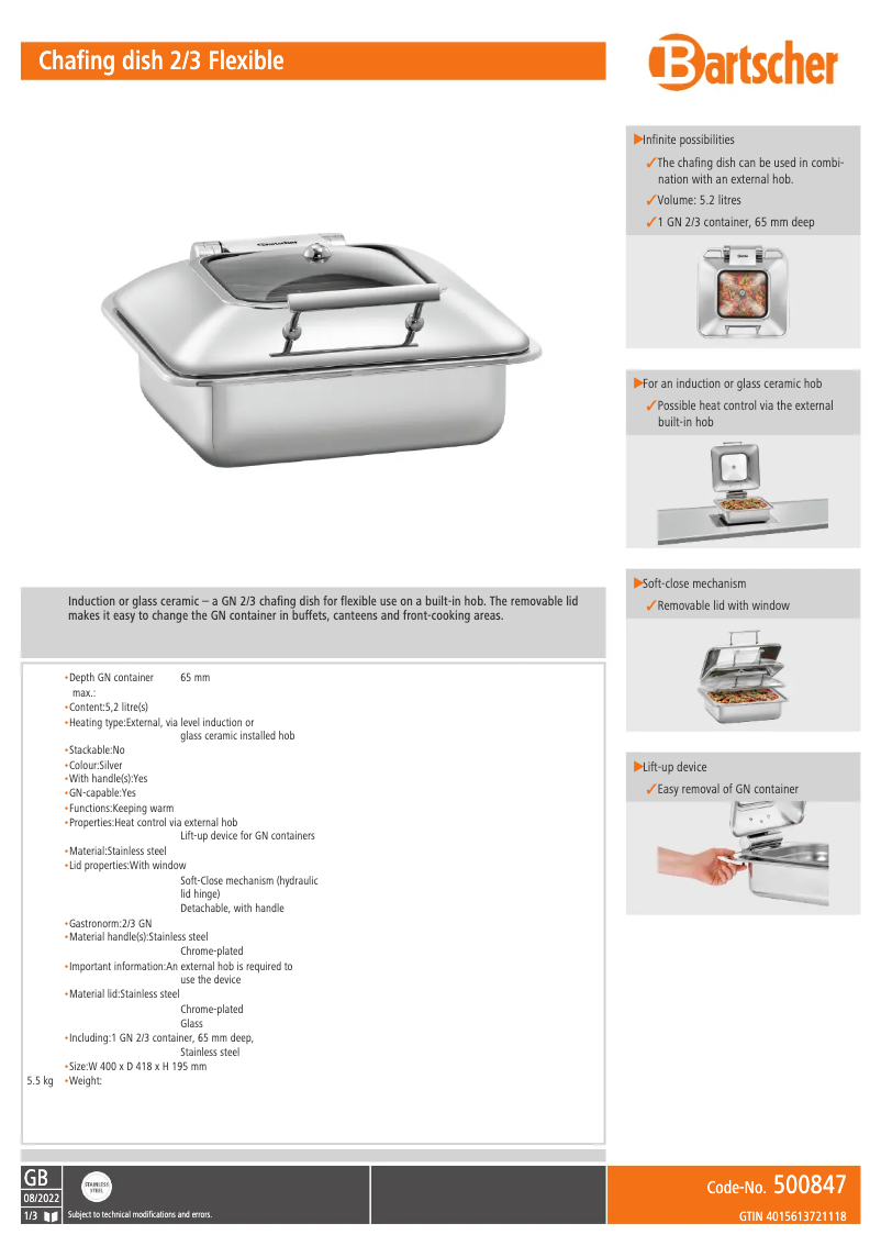 Page 1 de la notice Fiche technique Bartscher 500847