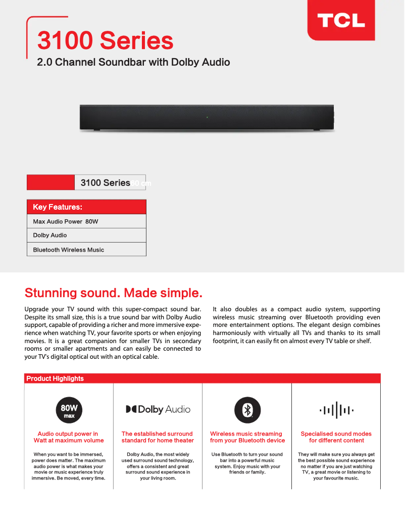 Página 1 del manual Ficha técnica TCL TS3100