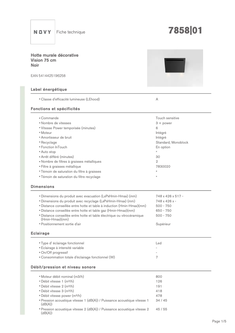 Page 1 de la notice Fiche technique Novy Vision 7858