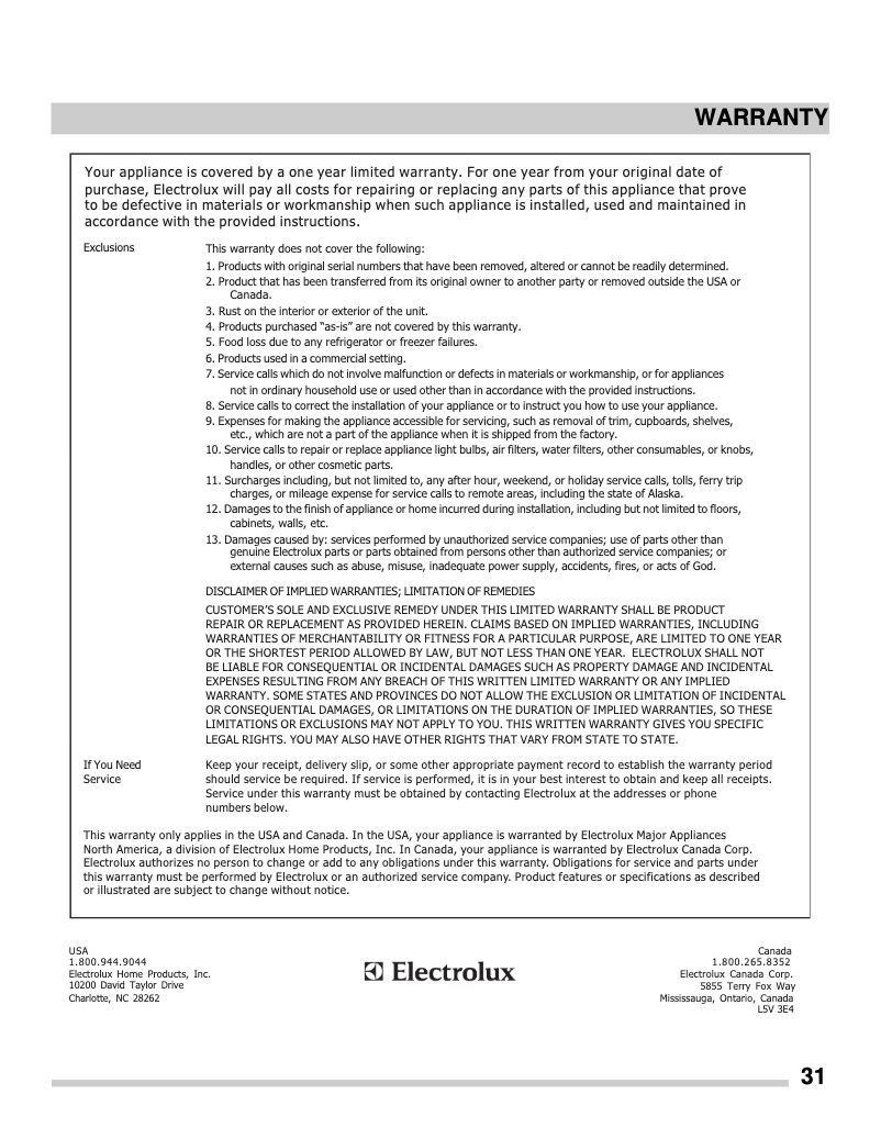 Página 1 del manual Información de garantía Frigidaire FFEF3054TB