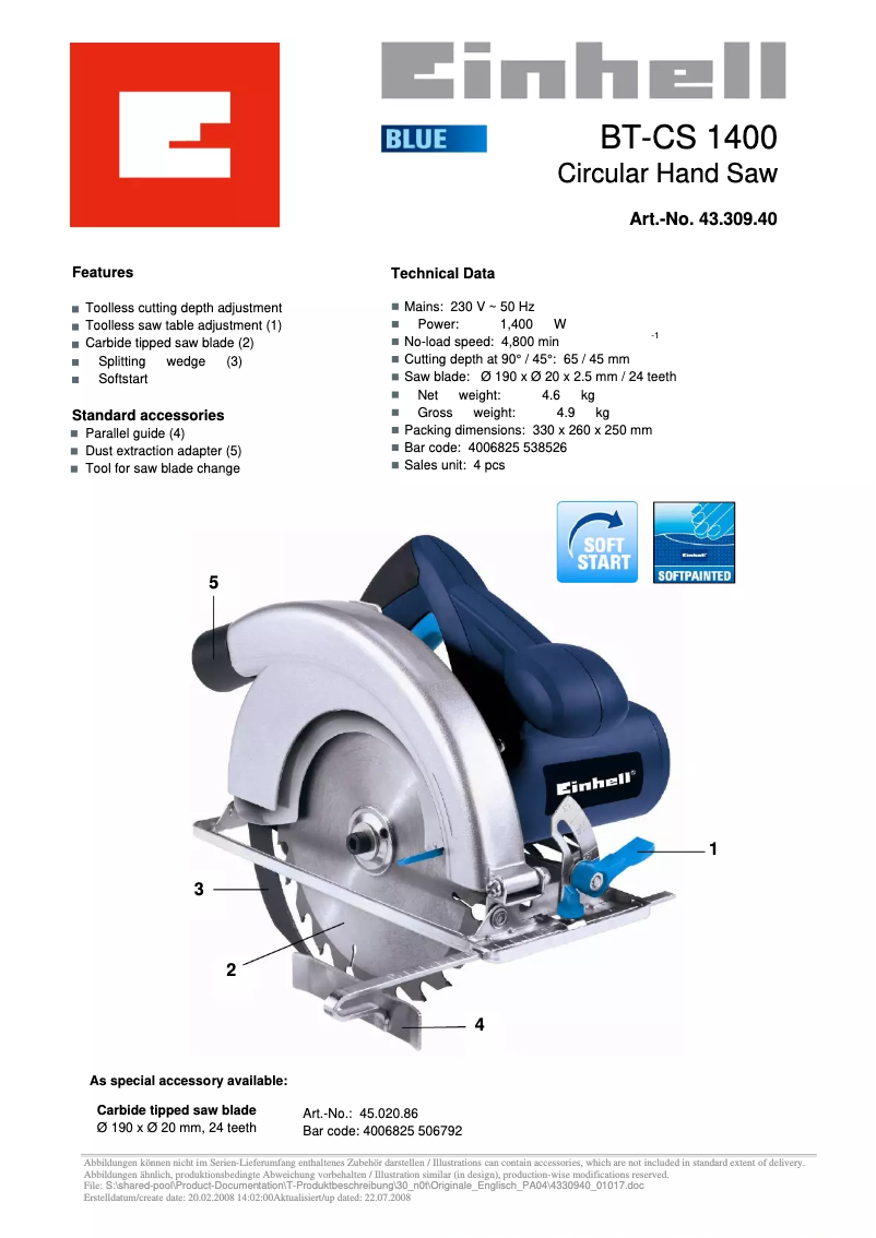 Page n°1 - Fiche technique Einhell BT-CS 1400