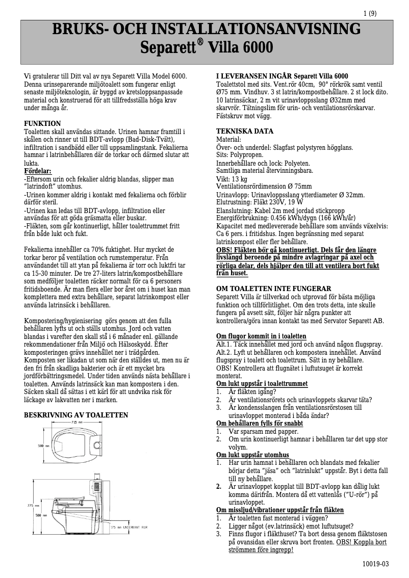 Page n°1 - Manuel utilisateur Separett Villa 6000