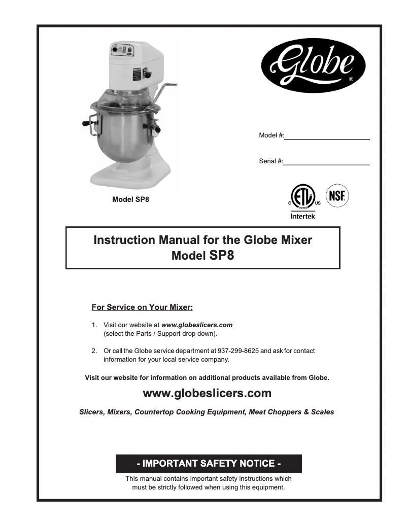 Page 1 de la notice Manuel utilisateur Globe SP8