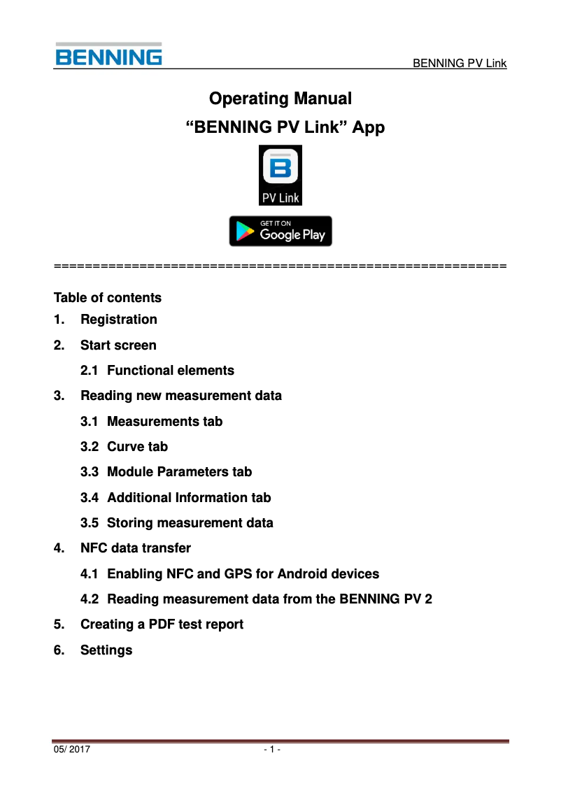 Page n°1 - Manuel utilisateur BENNING PV 1-1 PV