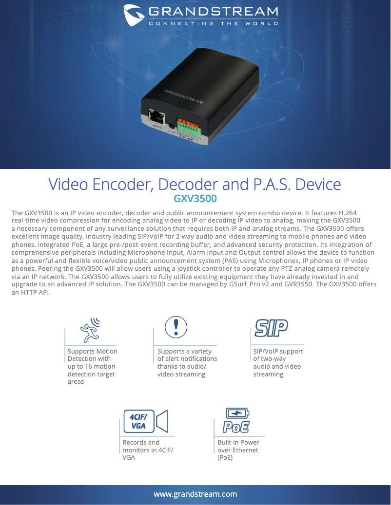 Page 1 de la notice Fiche technique Grandstream GXV3500