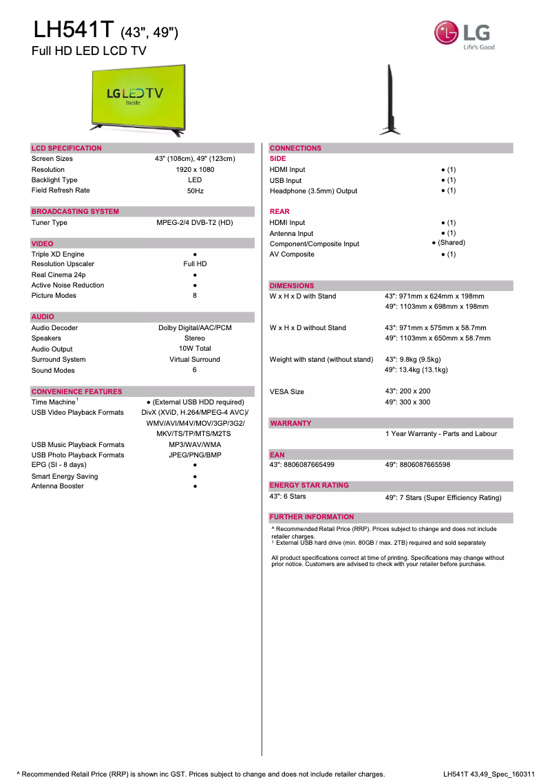 Page n°1 - Fiche technique LG 43LH541T