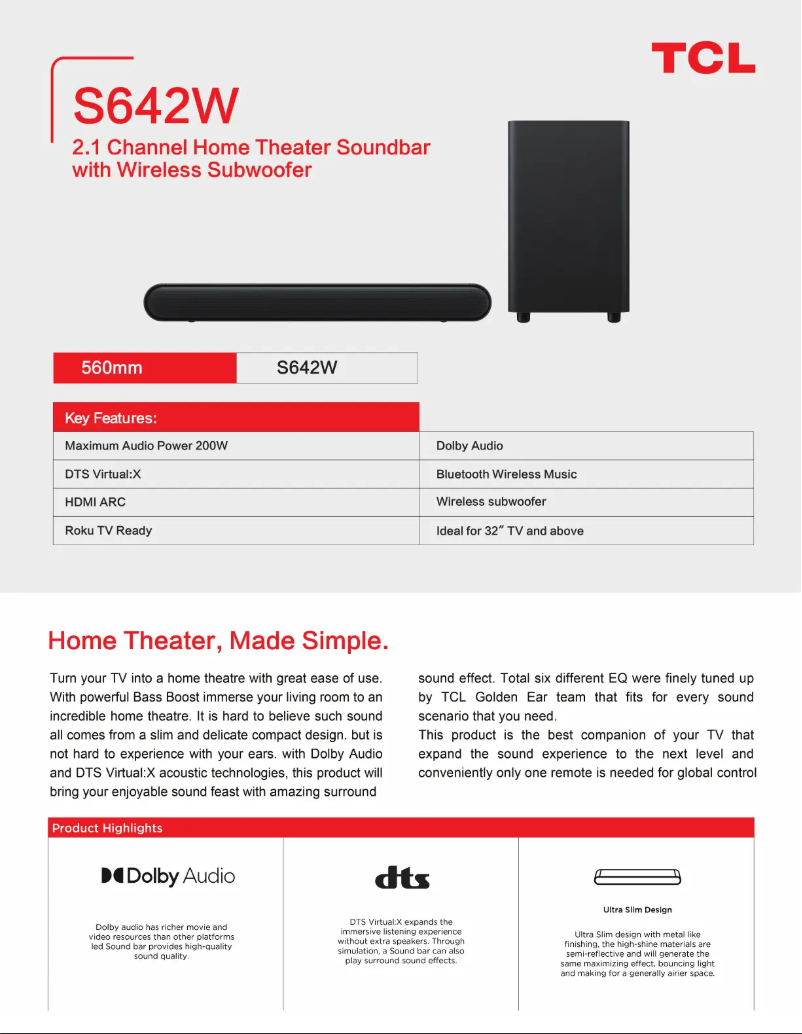 Page 1 of the manual Technical Sheet TCL S642W