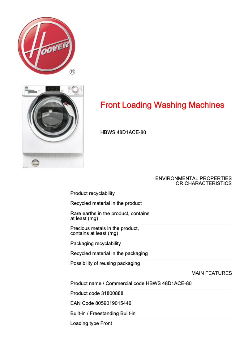 Page 1 de la notice Fiche technique Hoover H-WASH 300 LITE HBWS 48D1ACE-80