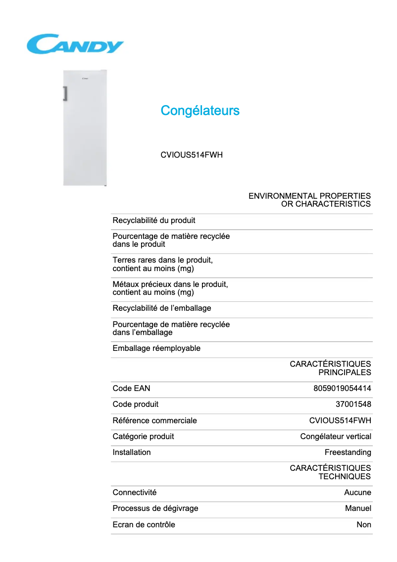 Page 1 de la notice Fiche technique Candy CVIOUS514FWH