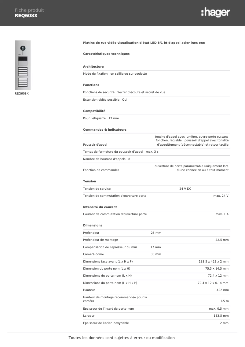 Página 1 del manual Ficha técnica Hager REQ608X