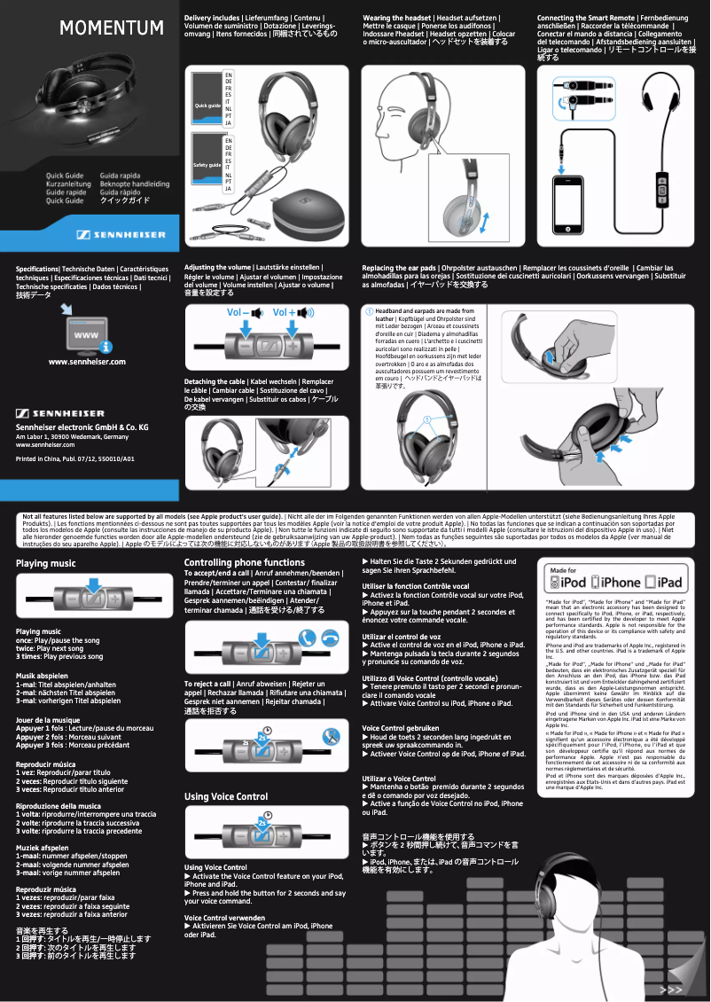 Page 1 de la notice Manuel utilisateur Sennheiser Momentum M2 OEBT