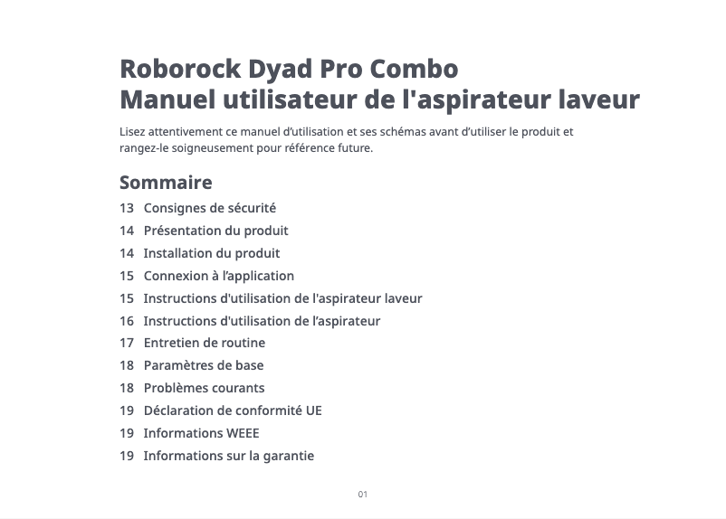 Page n°1 - Manuel utilisateur Roborock Dyad Pro Combo
