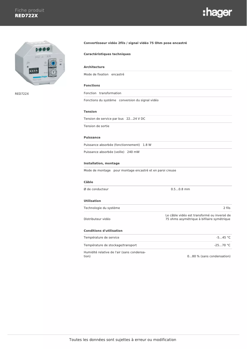 Page 1 de la notice Fiche technique Hager RED722X