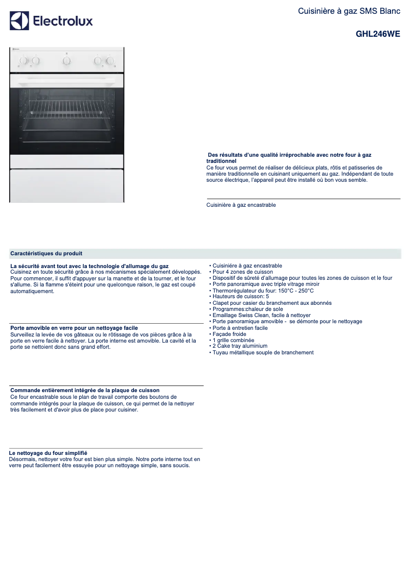 Page 1 de la notice Fiche technique Electrolux GHL246WE