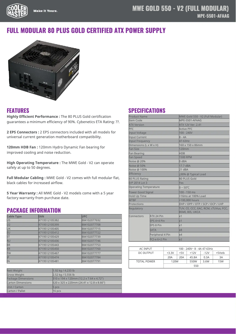 Page 1 de la notice Fiche technique Cooler Master MWE Gold 550
