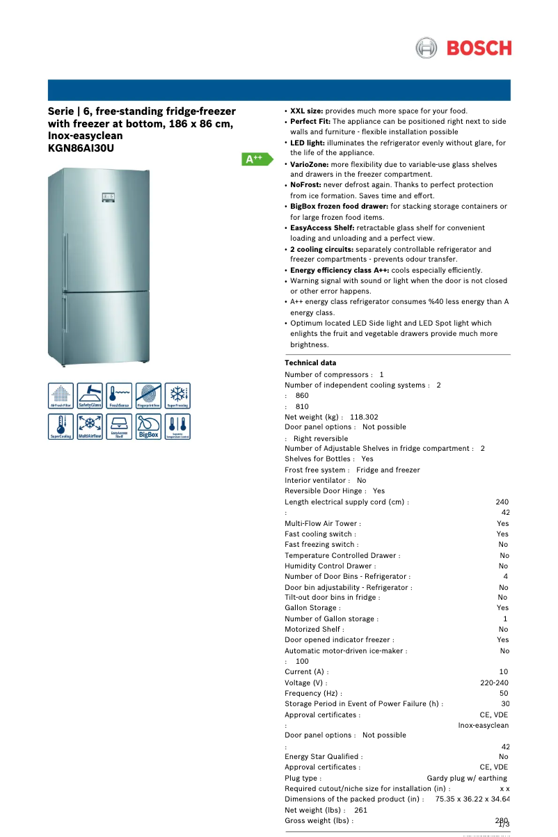 Page 1 de la notice Manuel utilisateur Bosch KGN86AI30U