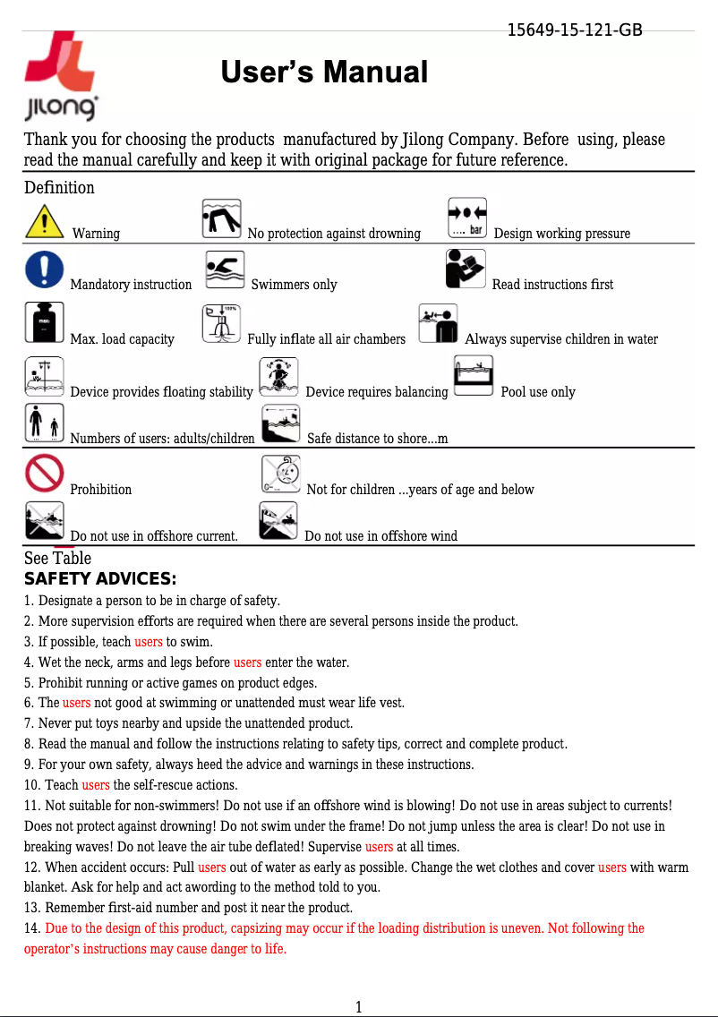 Page n°1 - Manuel utilisateur JILONG JL027103NPF