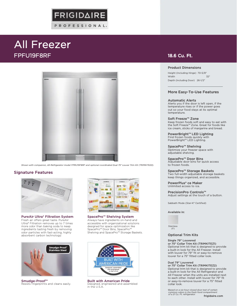 Page 1 de la notice Fiche technique Frigidaire FPFU19F8R
