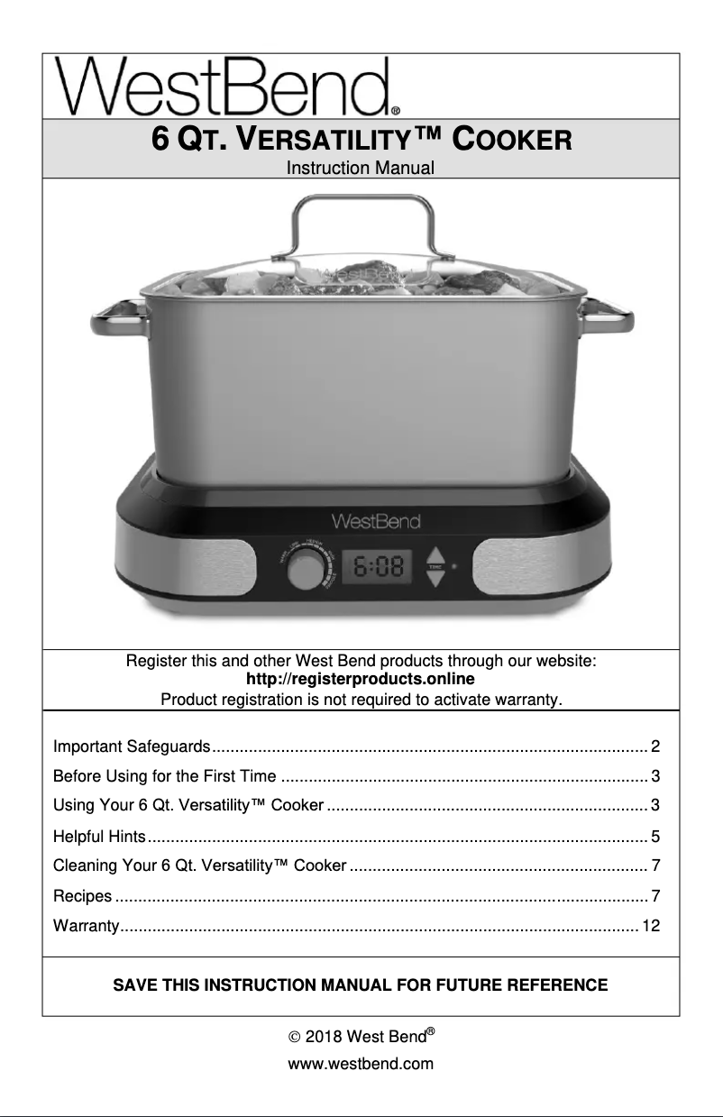 Page n°1 - Manuel utilisateur WestBend 87966