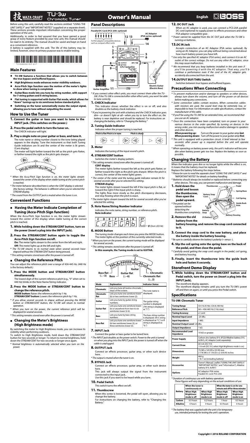 Page 1 de la notice Manuel utilisateur Boss TU-3W