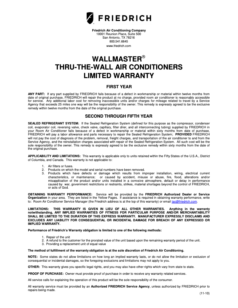 Página 1 del manual Información de garantía Friedrich WallMaster WET10A33A