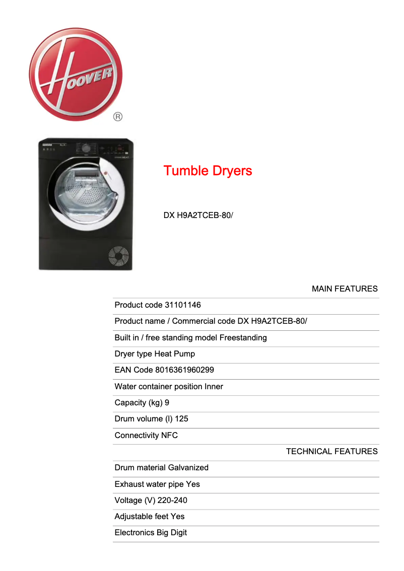 Page n°1 - Fiche technique Hoover DX H9A2TCEB-80
