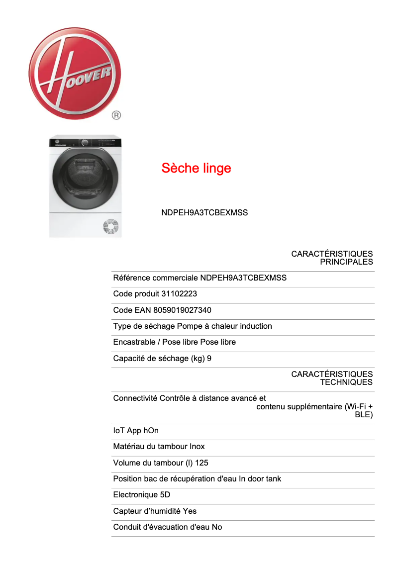 Page n°1 - Fiche technique Hoover NDPEH9A3TCBEXMSS