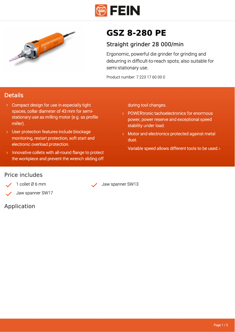 Page 1 de la notice Fiche technique Fein GSZ 8-280 PE