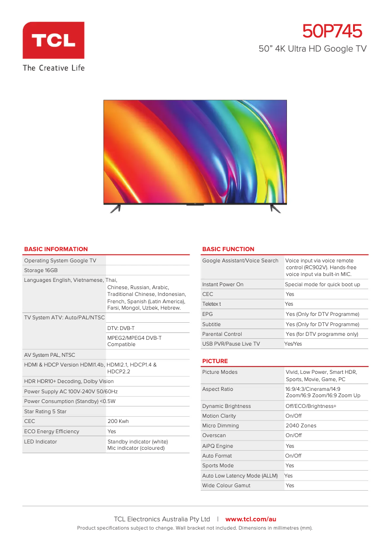 Página 1 del manual Ficha técnica TCL 50P745