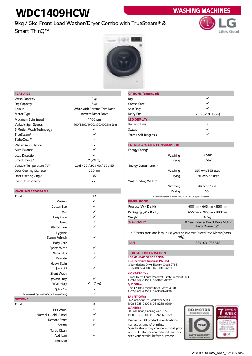 Page n°1 - Fiche technique LG WDC1409HCW