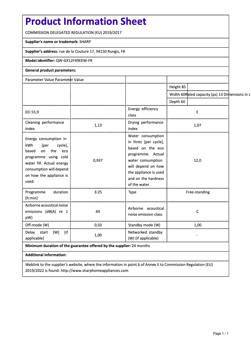Page n°1 - Manuel utilisateur Sharp QW-GX12F49EEW-FR