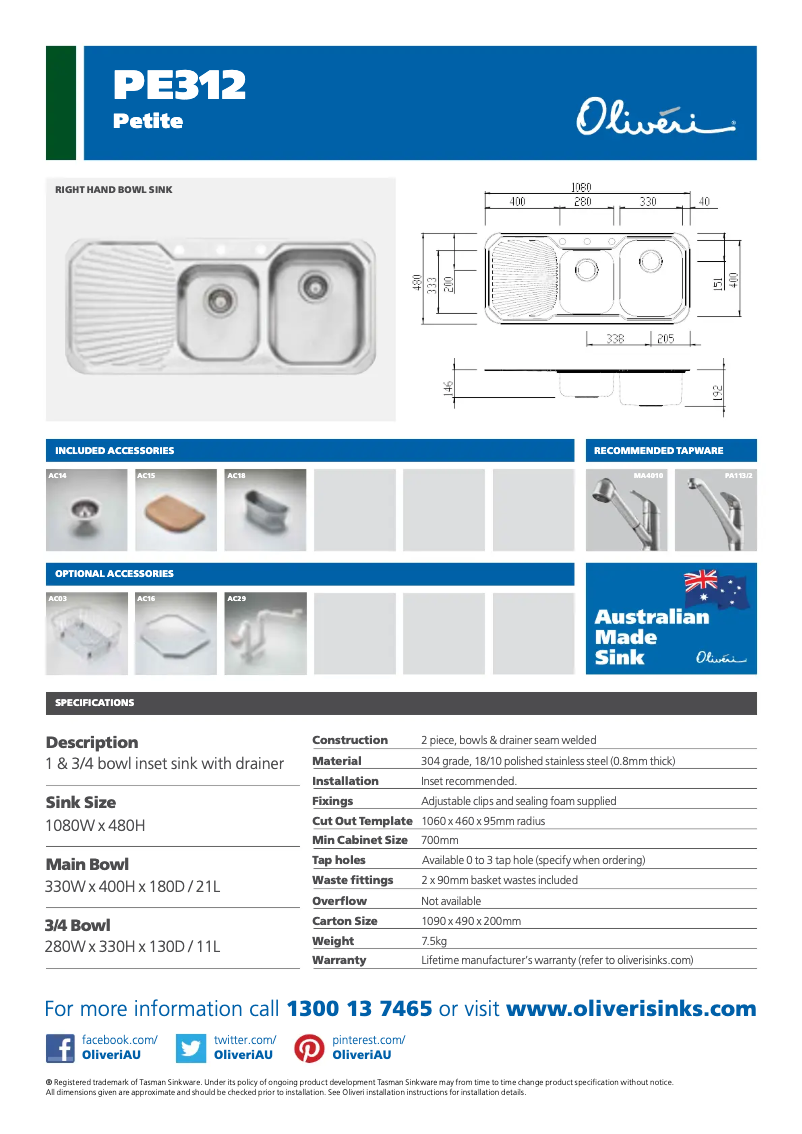 Page 1 de la notice Fiche technique Oliveri PE3123TH