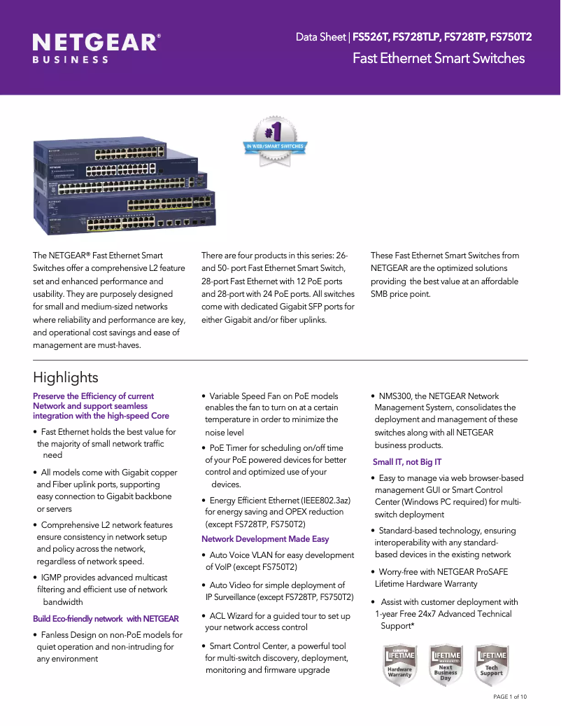 Page 1 of the manual Technical Sheet Netgear ProSafe FS728TPv1