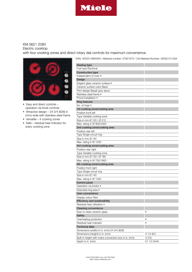 Page 1 de la notice Fiche technique Miele KM 5621 208V