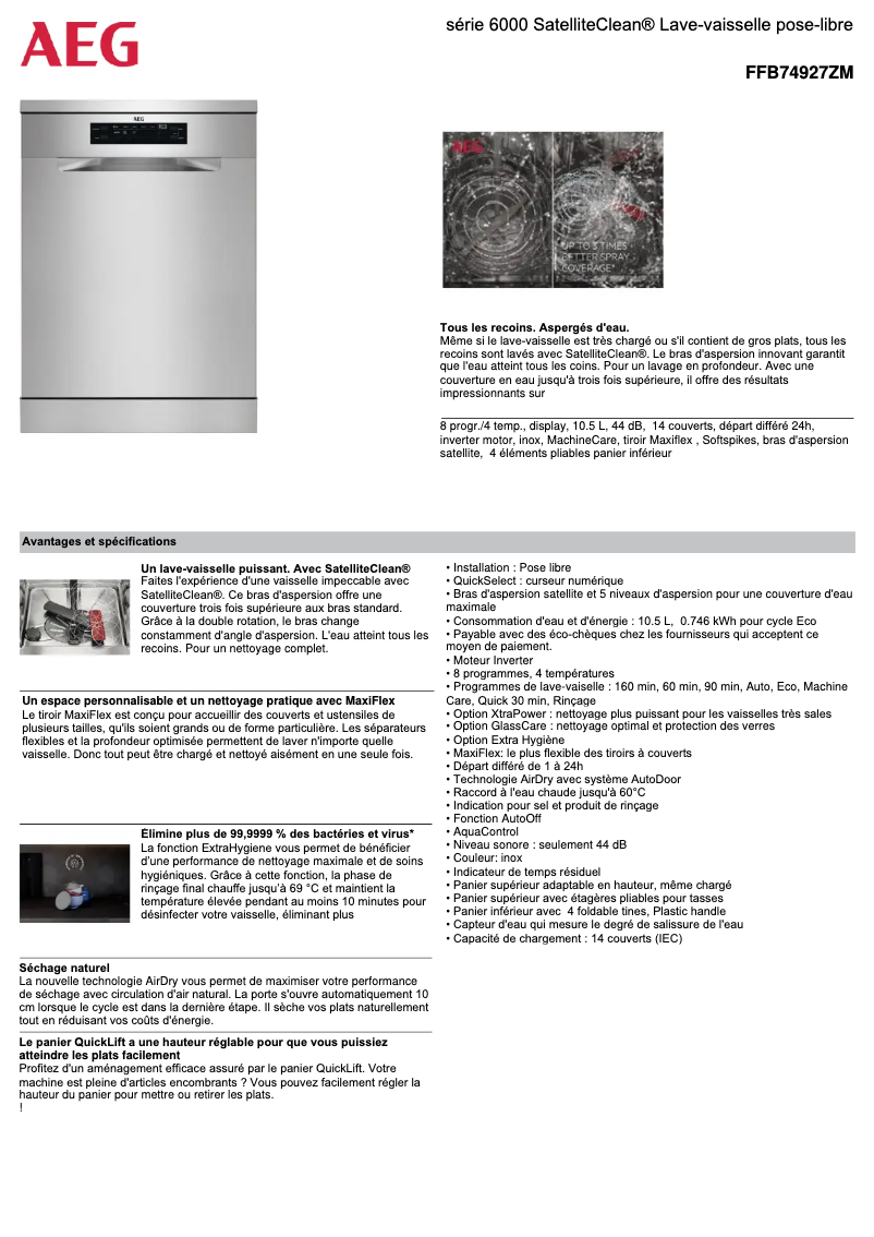 Página 1 del manual Ficha técnica AEG FFB74927ZM