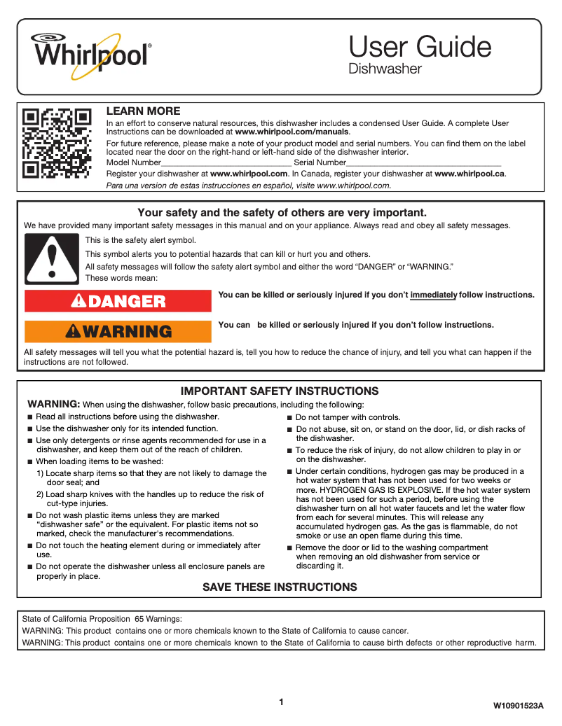 Page 1 de la notice Manuel d'utilisation et d'entretien Whirlpool WDT970SAHB