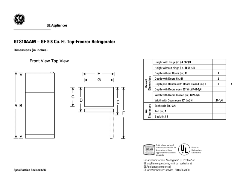 Página 1 del manual Ficha técnica GE GTS10AAMRWW