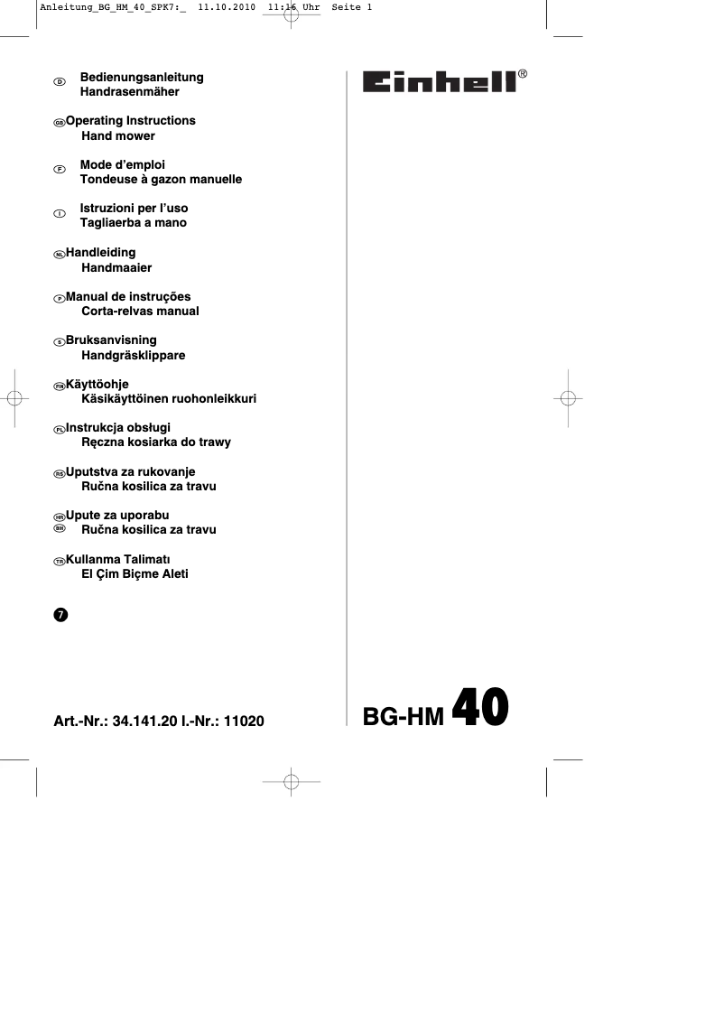 Page n°1 - Mode d'emploi Einhell BG-HM 40